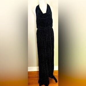 Rokoko Black & Silver Wide Leg Velvet Halter Jumpsuit Sz Large